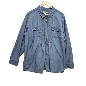 Dressbarn Woman Tunic Top 3X Blue Chambray Denim Popover Pintuck Pleated Western